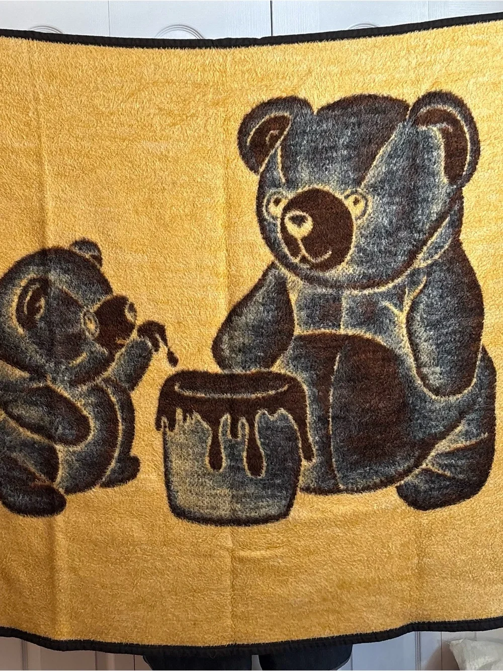 Vintage Biederlack Reversible Blanket Teddy Bear with Honey Pot Throw USA